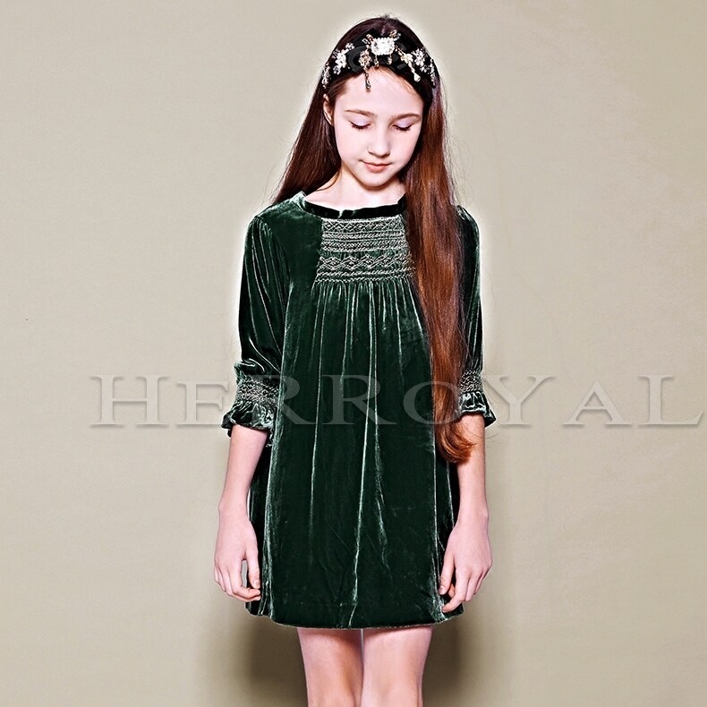 HERROYAL圣诞节秋冬装新年女童儿童装刺绣丝绒裙公主礼服裙连衣裙