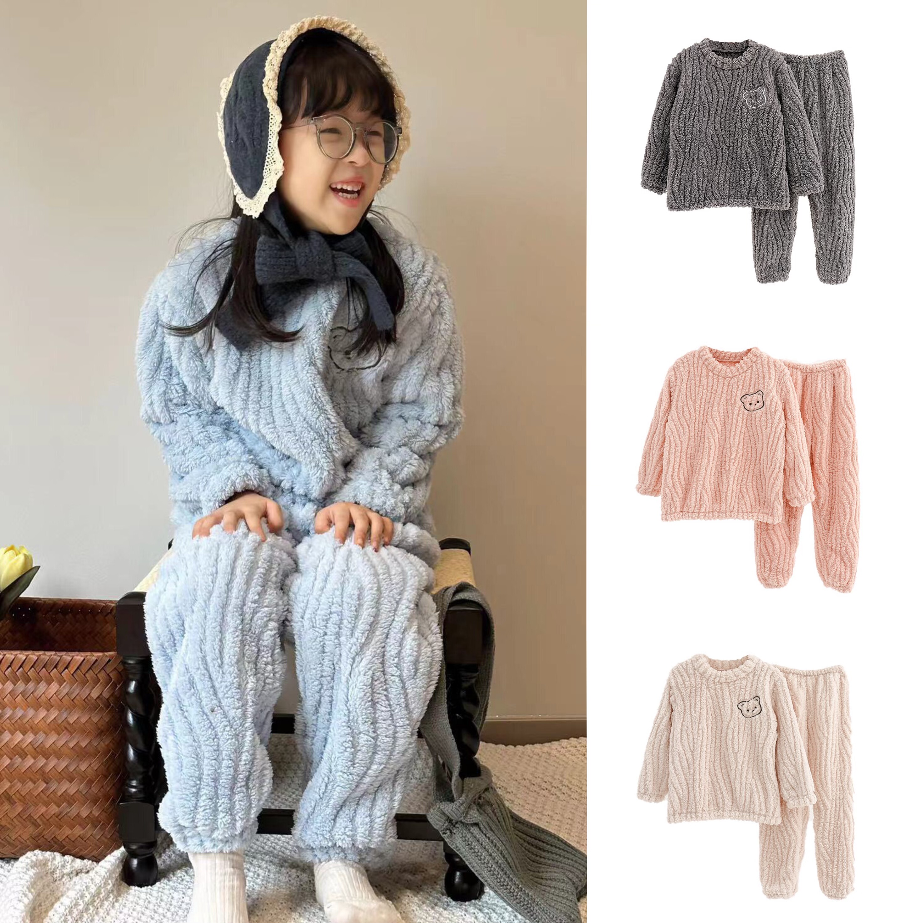 豆妞IAMDOU 100-170码秋冬保暖法兰绒家居服男女童睡衣睡裤套装