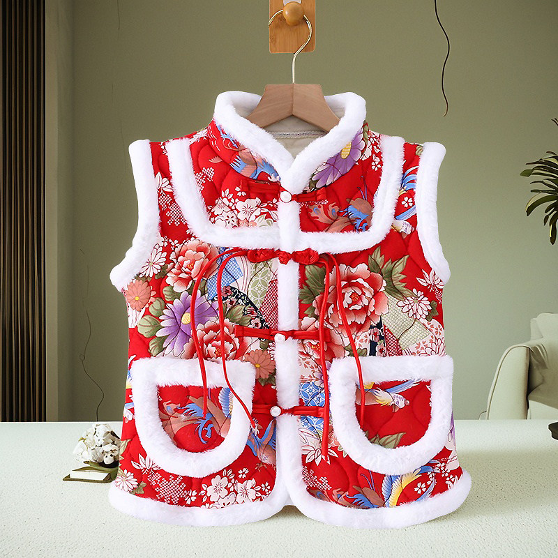 女童马甲秋冬加绒加厚国风碎花马夹东北大花背心新中式拜年服唐装