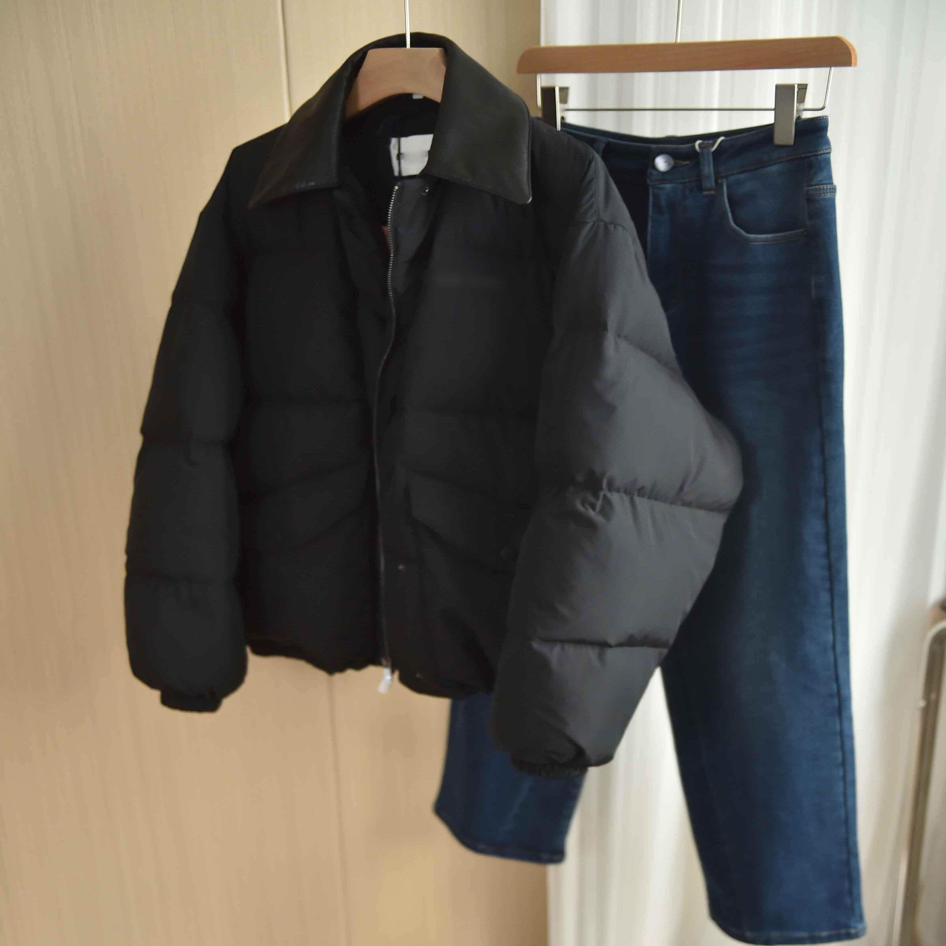 真皮大领子廓形宽松情侣款羽绒服