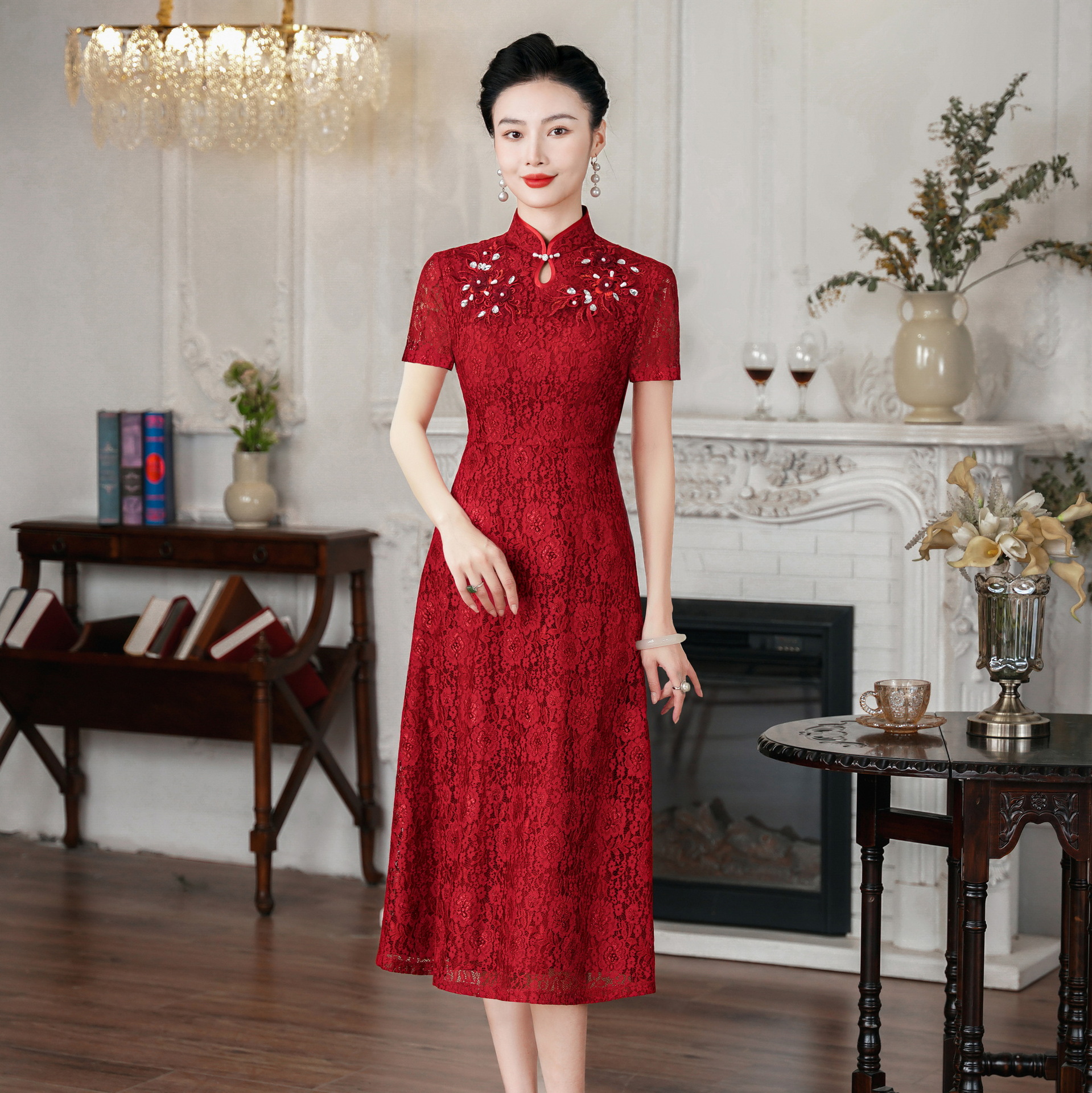 中袖结婚蕾丝旗袍时尚