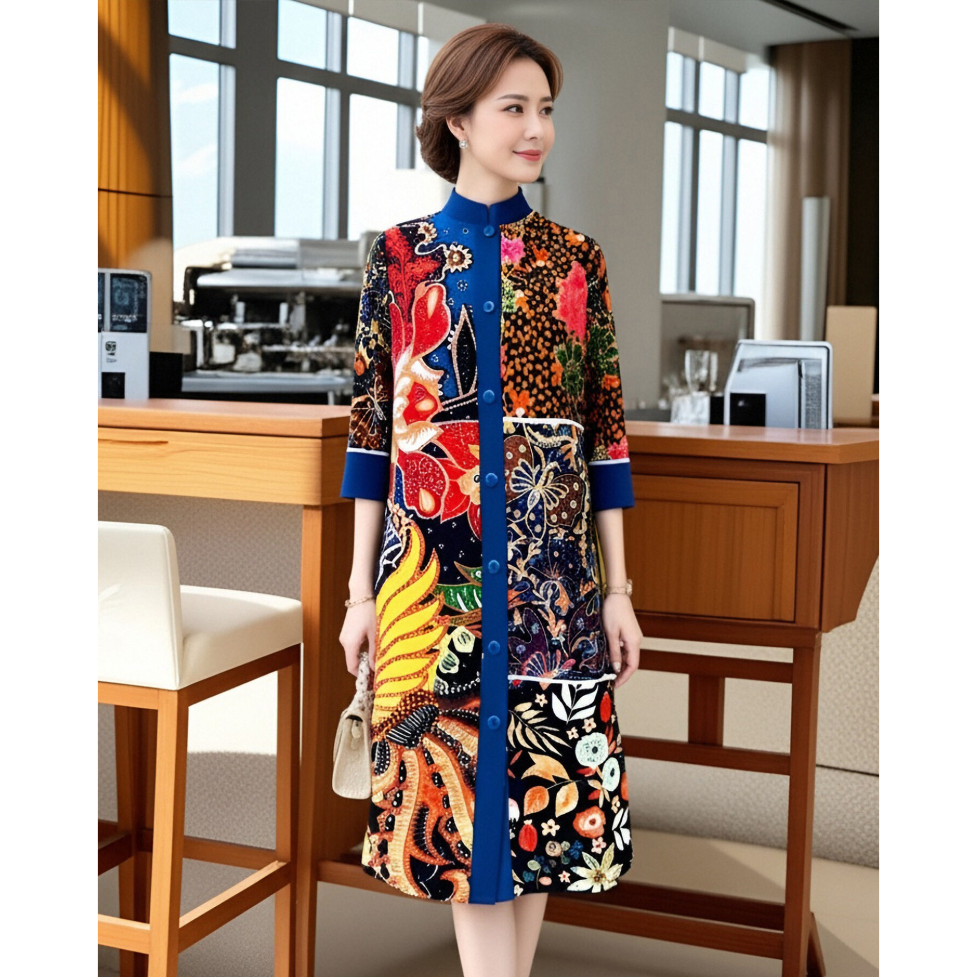 妈妈连衣裙春装2026新款气质复古印花裙子宽松大码开衫褶皱端庄