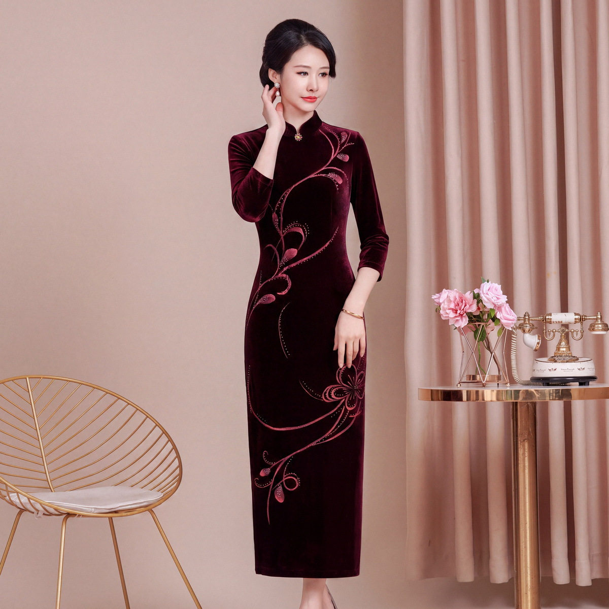 134长新款修身改良气质旗袍女结婚喜婆婆妈妈敬酒服长款大码5XL