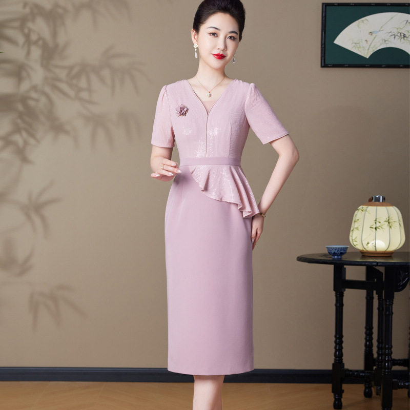 2026夏新礼服多颜色荷叶边短袖婚庆婚宴妈妈喜婆婆连衣裙时尚气质
