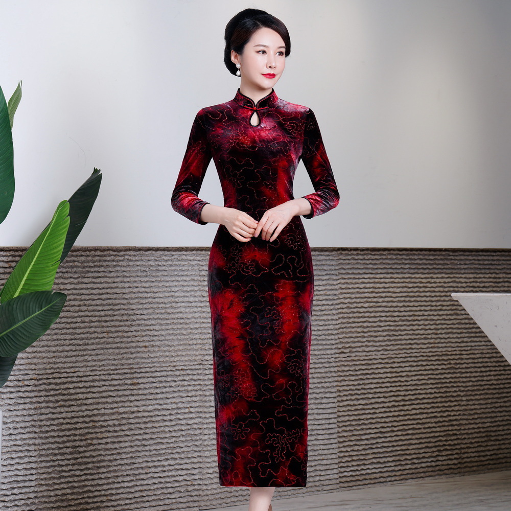 秋季婚礼烫金渐变丝绒长款旗袍喜婆大码6XL连衣裙妈妈敬酒服