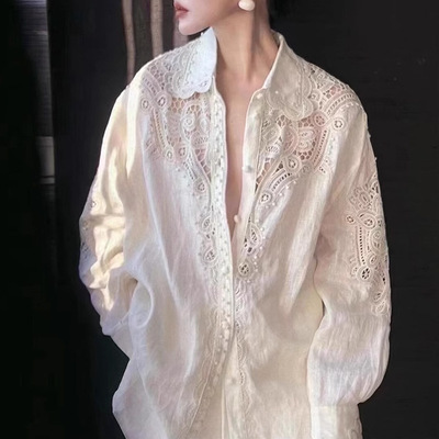高定轻奢女装设计师款气场强大干练气质镂空白色衬衫秋季宽松上衣