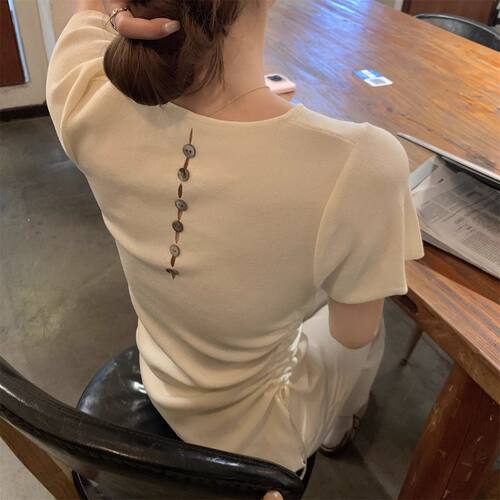 夏季修身冰丝针织短袖t恤女不规则抽绳纽扣ins上衣针织衫上衣女夏