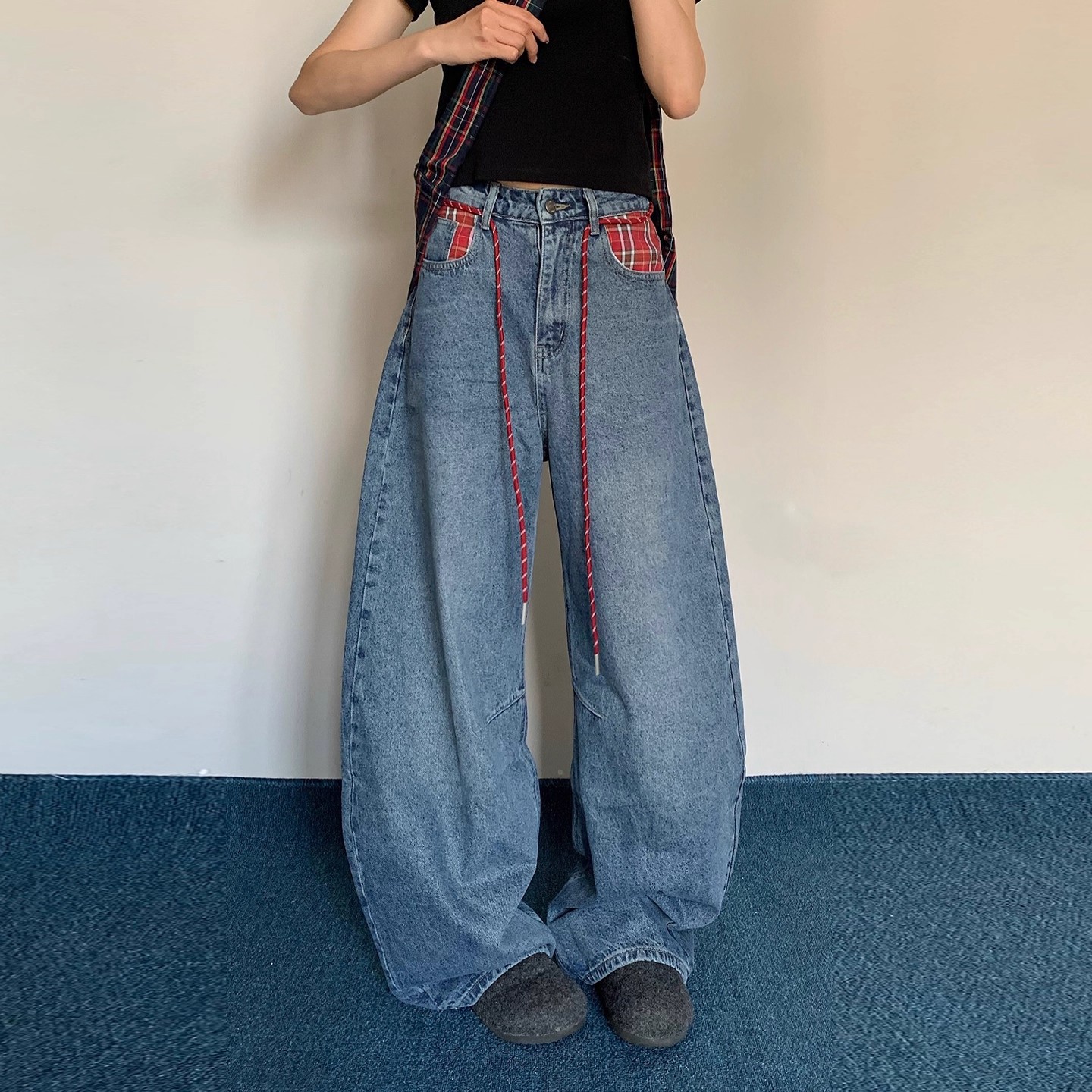LIFEASAM美式复古春秋款情侣牛仔裤设计感阔腿裤格子拼接直筒长裤
