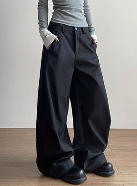 Apocket美式高级感褶皱弯刀西裤女新款复古宽松百搭直筒裤情侣男