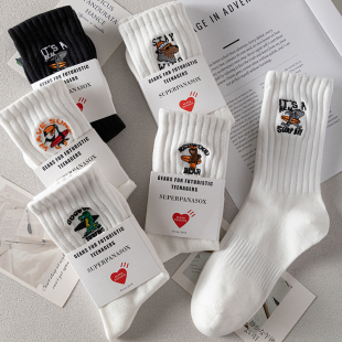 日潮中筒纯棉纯白色韩国单男女生美式街头长袜春秋篮球袜滑板运动