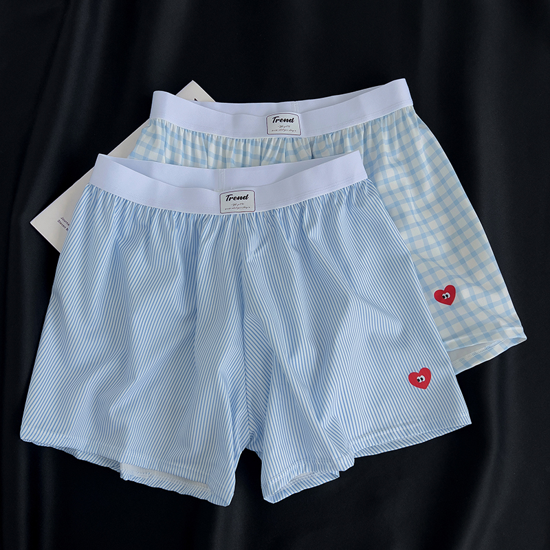 冰丝男士内裤夏季清新条纹格子宽松阿罗裤青少年居家休闲舒适睡裤