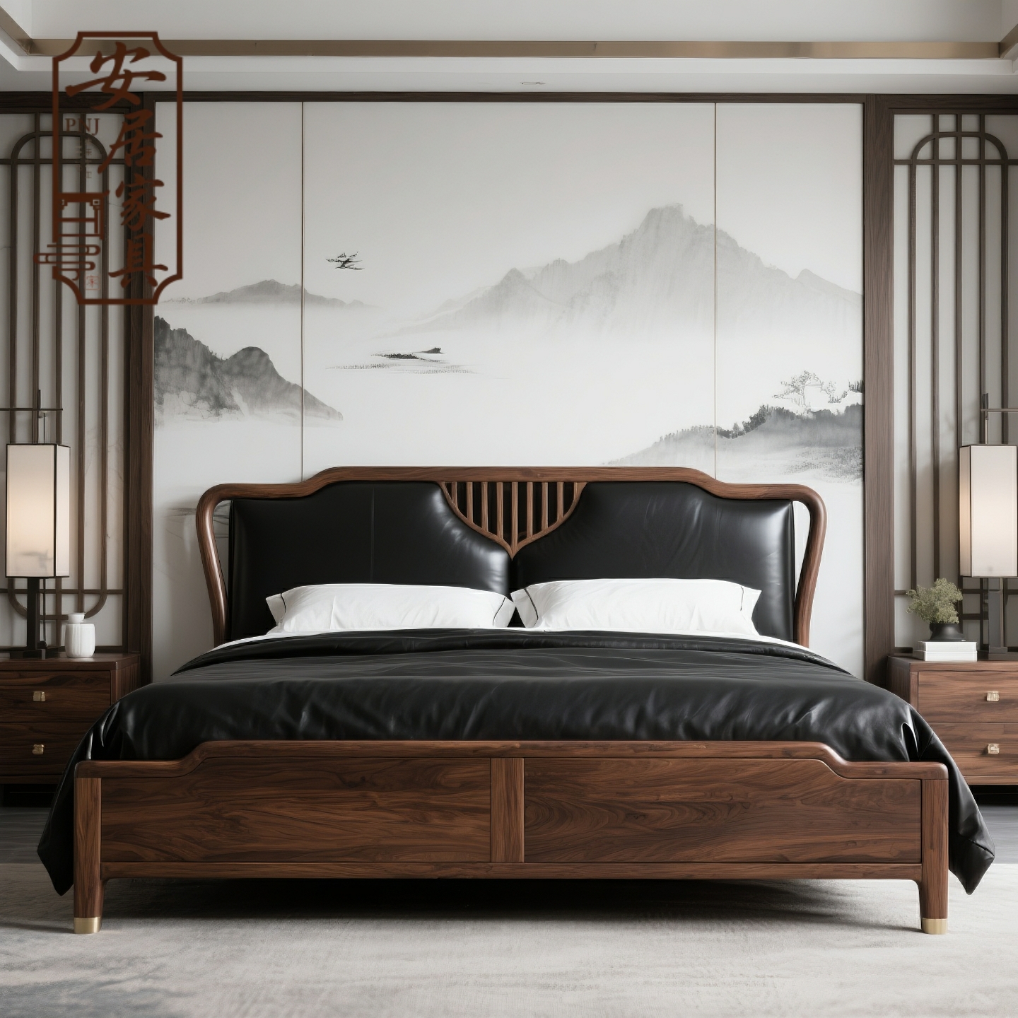 新中式北美黑胡桃木床实木床