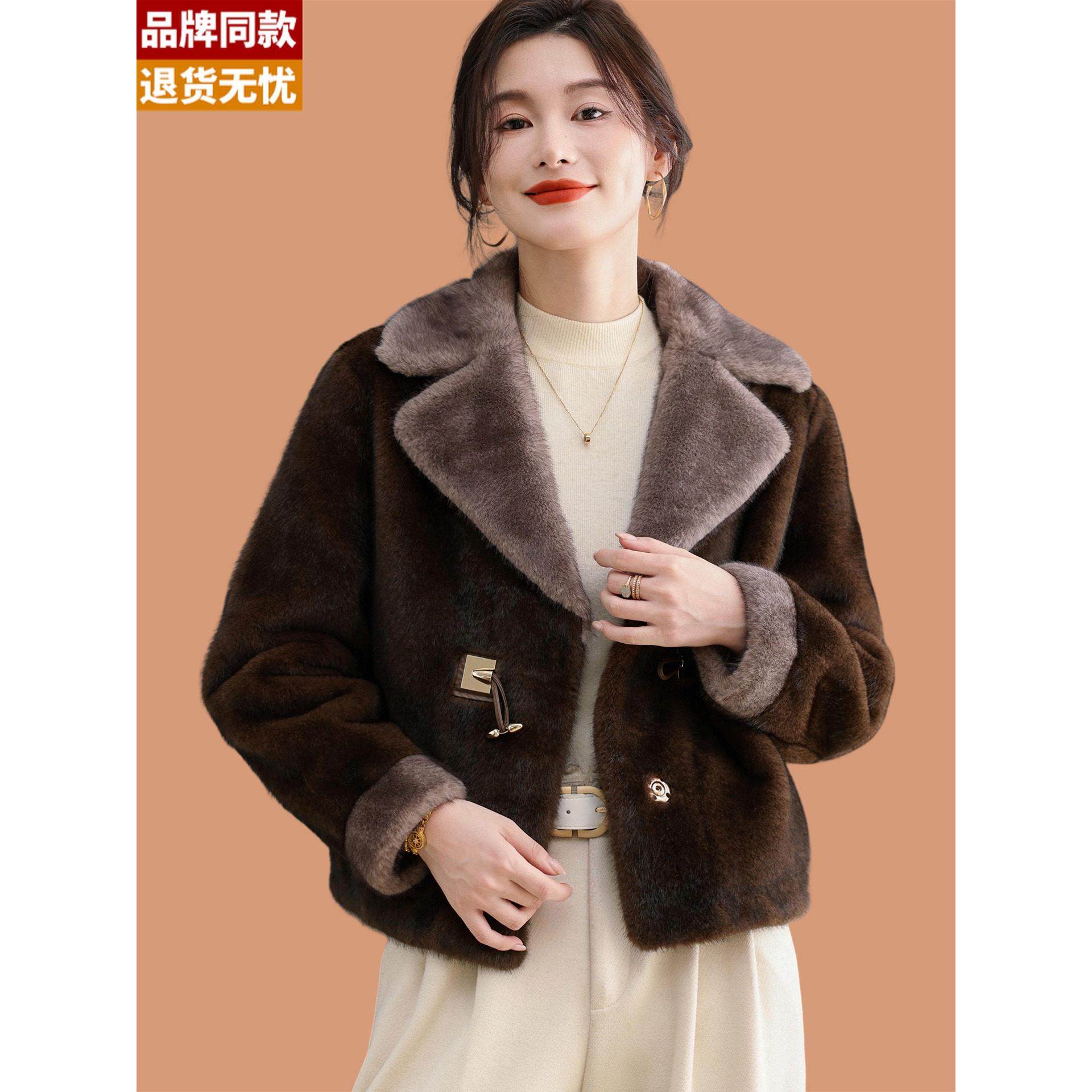 彷水貂绒皮草短外套女秋冬2025新款西装领金貂绒毛毛加厚貂毛开衫
