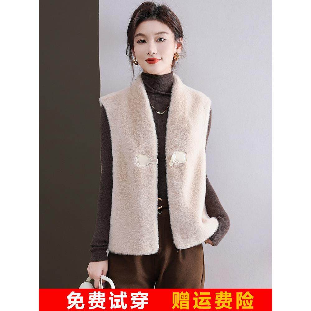 海宁水貂绒秋冬新款马甲女皮毛一体背心外穿羊毛衫宽松加厚外套