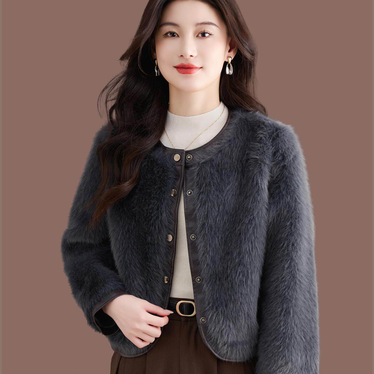 毛绒绒短皮草外套女圆领排扣仿毛毛小个子年轻款短外套披肩上衣