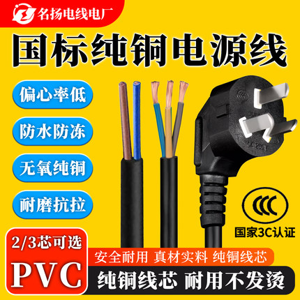 国标纯铜二芯三插头大功率电风扇取暖器吹风机通用电动工具电源线