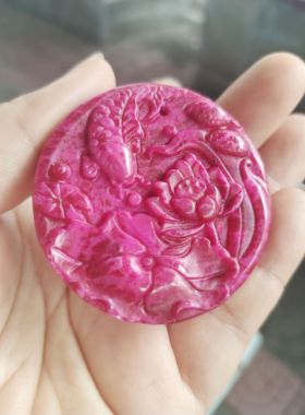 天然红宝石吊坠精品雕刻精美年年有余牡丹挂件新品男女款