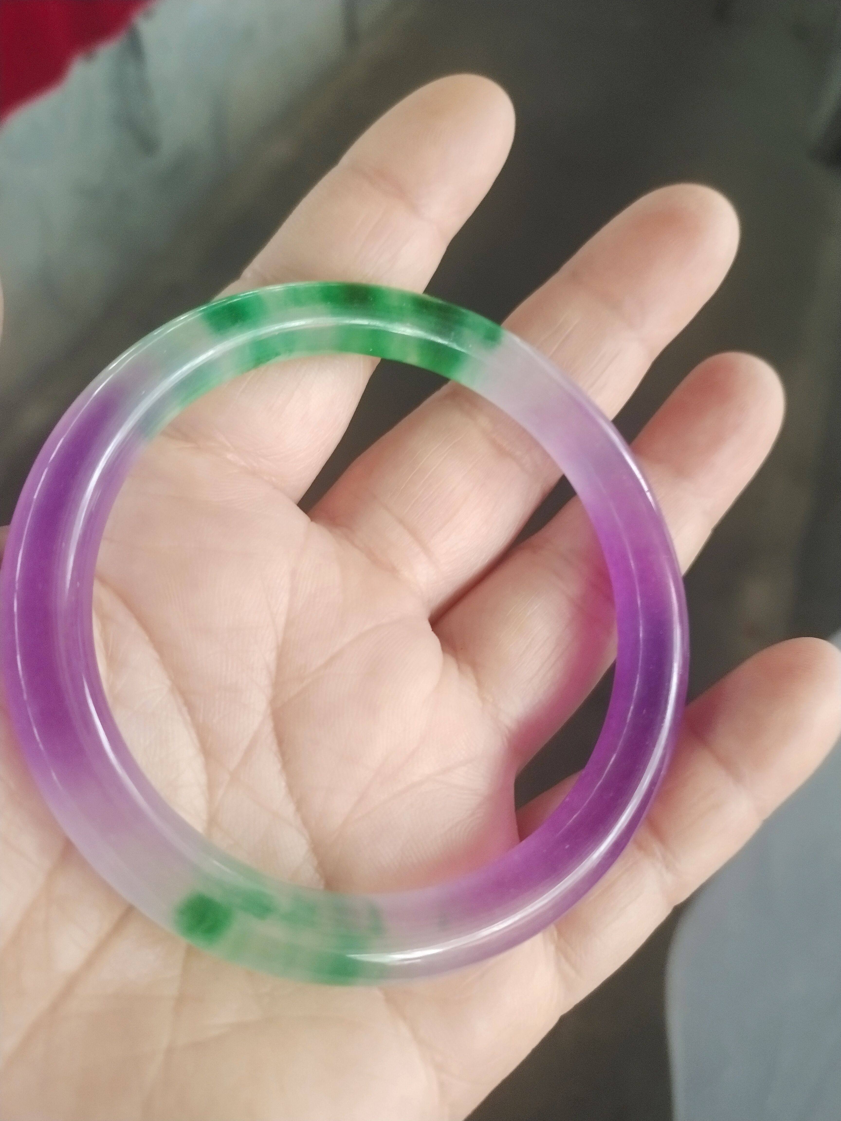 石英玉冰种三彩紫罗兰飘绿时尚宽版紫绿色玉镯子玉石女手镯子