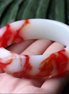 外蒙料新疆鸡血红白玉石手镯戈壁玉飘花大红玉镯鸡血玉器镯子