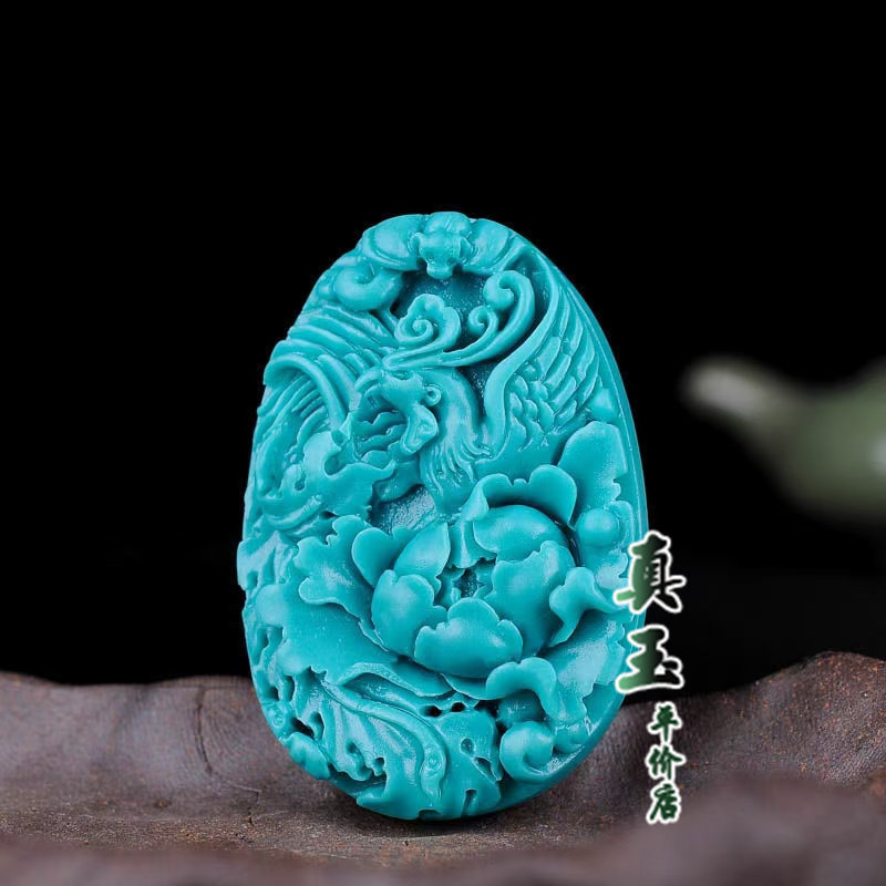 후베이 천연 청록색 펜던트 원시 미네랄 스톤 목걸이 하트 브랜드 피닉스 플레이 모란 핸들 조각