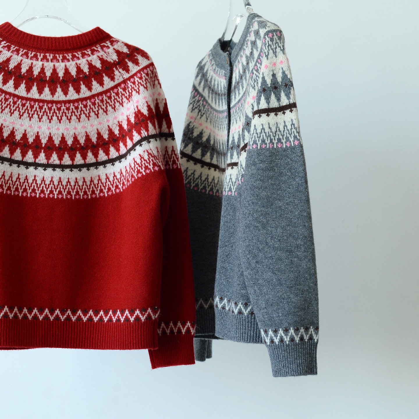 费尔岛羊毛开衫女针织外套红色圣诞红100%羊毛针织衫短款上衣保暖