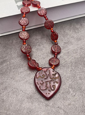 非洲贸易珠 清代摩洛哥双面刻纹老琉璃 古珠项链 文玩配珠diy散珠