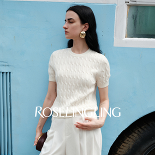 ROSELINGLING黄JIN配比羊绒羊毛短袖 上衣早秋廓箱型宽松绞花毛衫