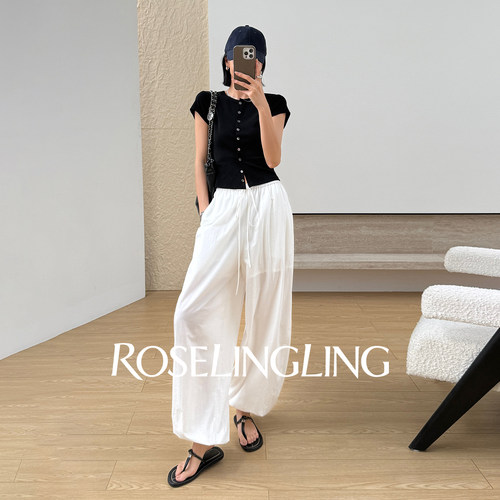 ROSELINGLING【高频穿衣】罗纹针织 密密扣上衣+汉麻棉灯笼裤套装