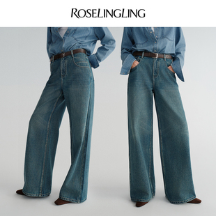 ROSELINGLING革新与自由舒适亲肤天然棉怀旧复古摩登蓝阔腿牛仔裤