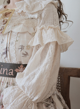 现 拇指姑娘牧羊女田园cla纯棉翻领长袖绑带衬衫内搭泡泡袖