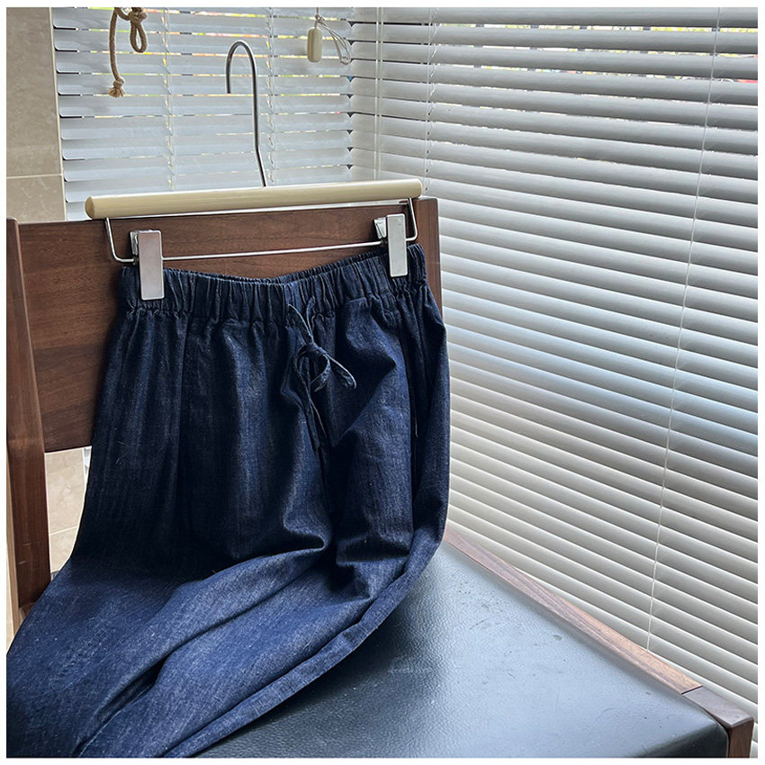 防褪色~夏季薄款水洗亚麻棉抽绳松紧高腰宽松九分牛仔裤女阔腿裤