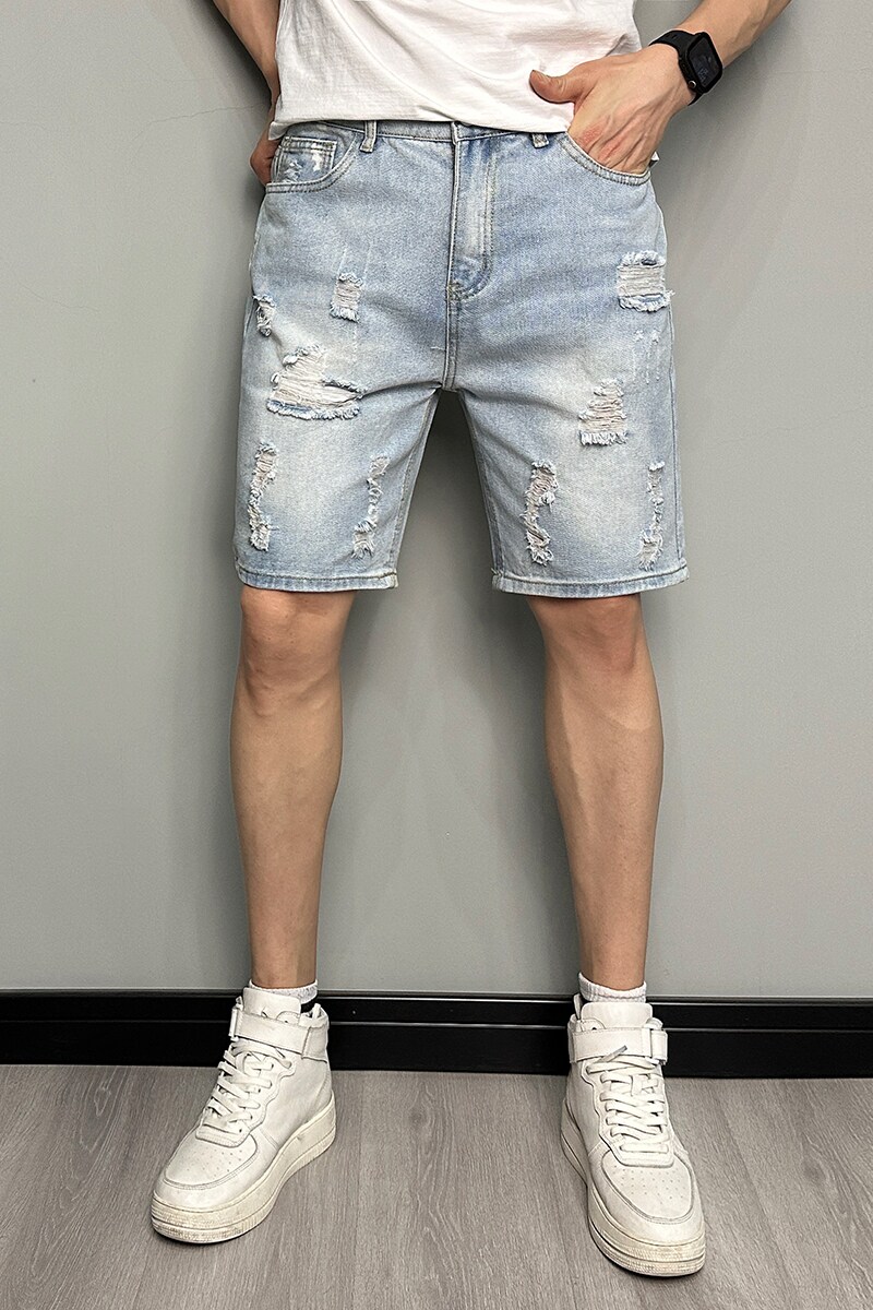 A306-P52潮牌破洞牛仔短裤薄款夏季男士休闲中裤复古五分裤XZ1305,男装牛仔裤,星座1305