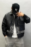 28155-P195新款男士翻领皮衣外套潮流拼接撞色休闲机车夹克上衣，男装夹克，星座1305