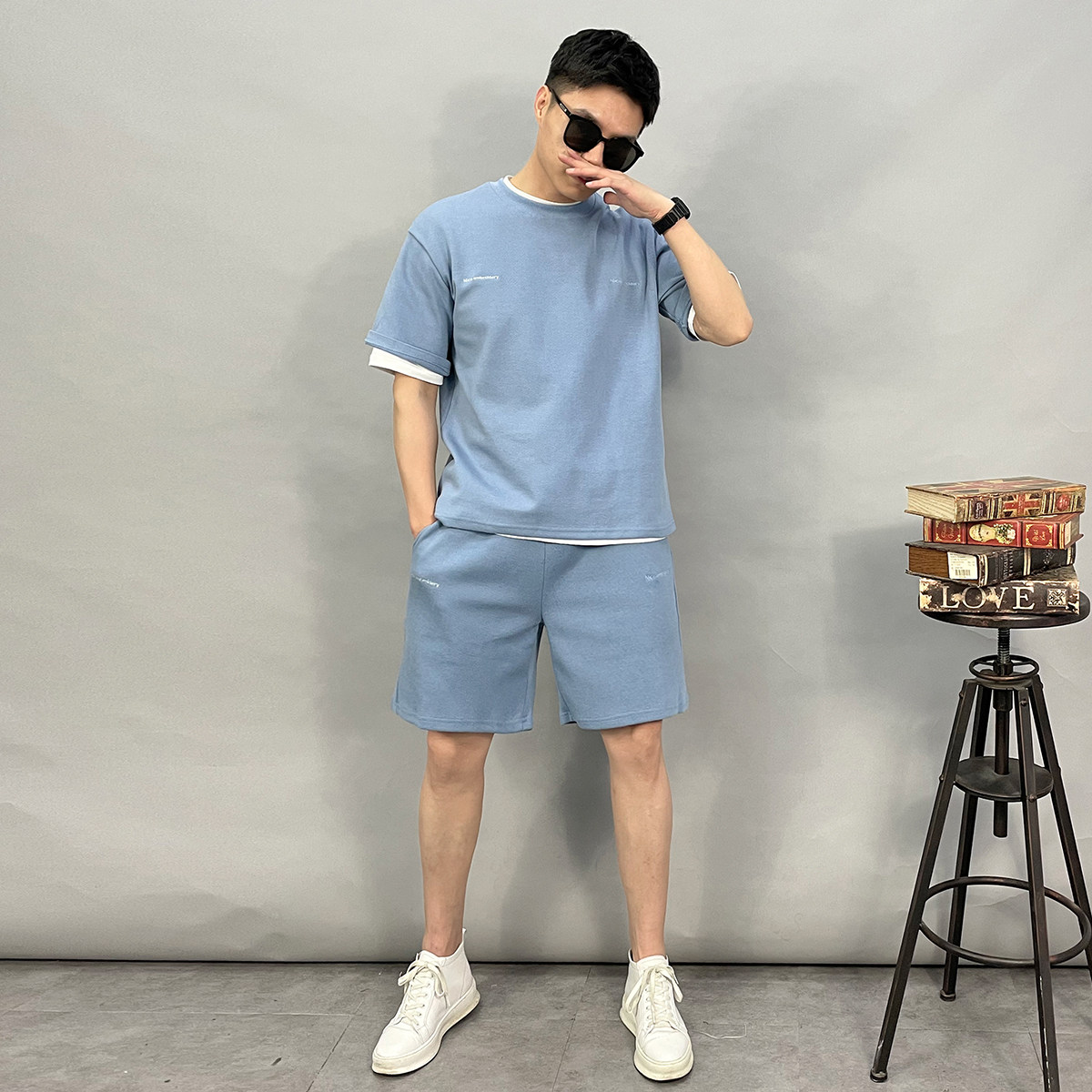 21013-p115夏精品新款宽松休闲纯色情侣短袖T恤短裤高品质套装,男装休闲套装,星座1305