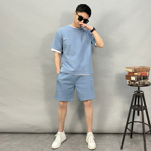 21013-p115夏精品新款宽松休闲纯色情侣短袖T恤短裤高品质套装图片