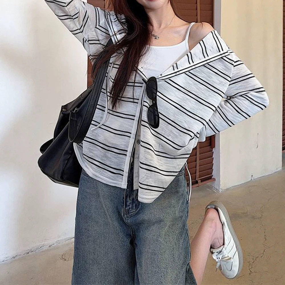 春秋撞色条纹连帽开衫女宽松chic松弛感长袖T恤上衣外套防晒罩衫