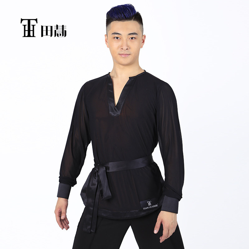田慧舞服 男士舞蹈练习服表演服拉丁舞双层网纱上衣10007
