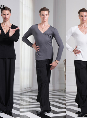 田慧新款拉丁舞成人男士V领修身上衣百搭练习服表演服考级服H1146