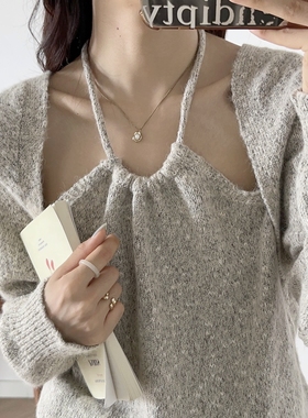 秋冬女士毛衣针织衫吊带上衣v领套头宽松马海毛亮丝慵懒风假两件