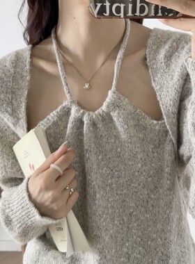 秋冬女士毛衣针织衫吊带上衣v领套头宽松马海毛亮丝慵懒风假两件