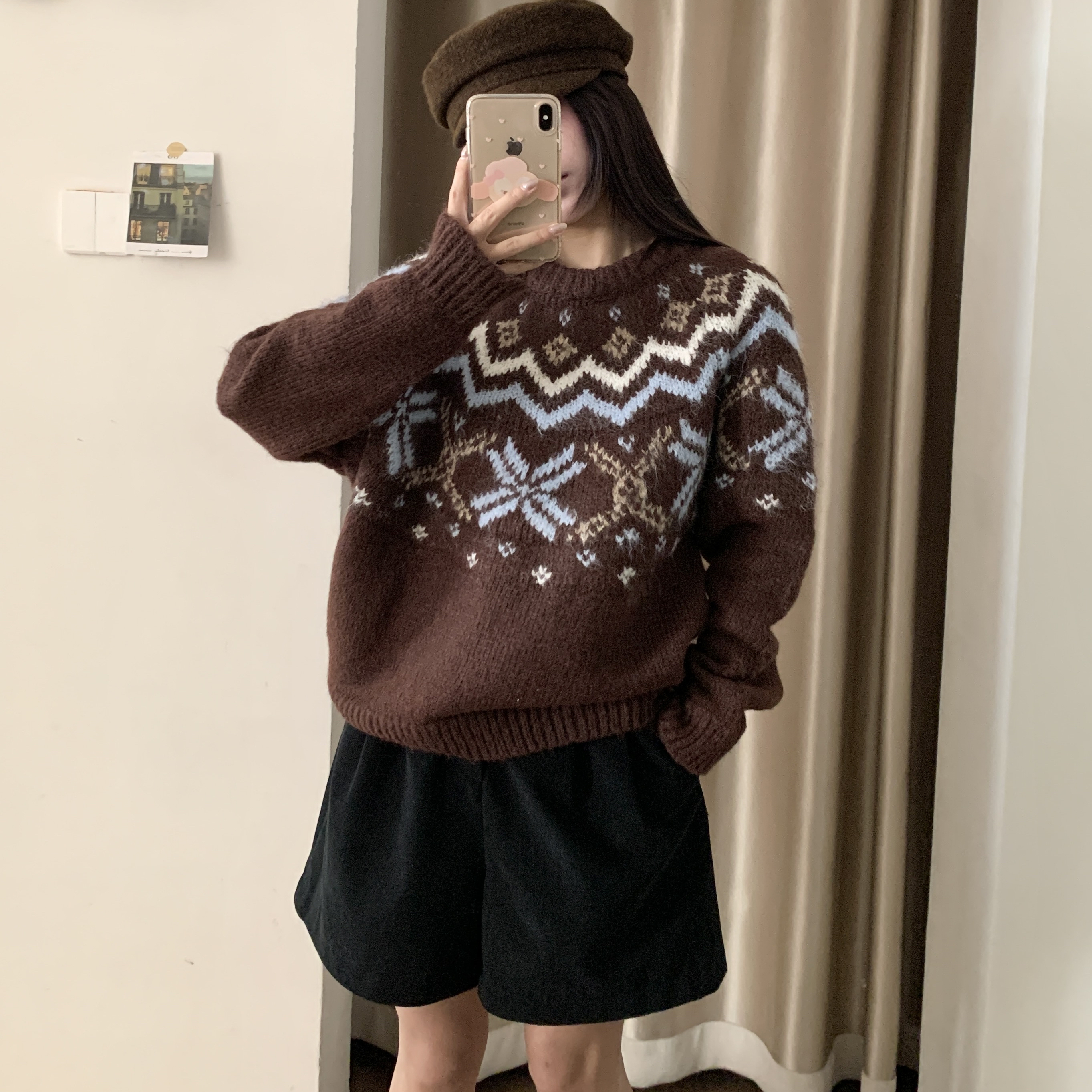 费尔岛风提花毛衣女圆领宽松慵懒