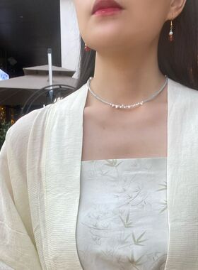 海蓝宝项链切面天然石闪闪锁骨链s925银原创国风汉服配饰蓝色颈链