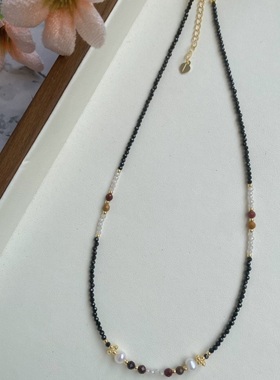 天然珍珠项链黑色锆石2mm极细锁骨链串珠小众轻奢高级感原创设计