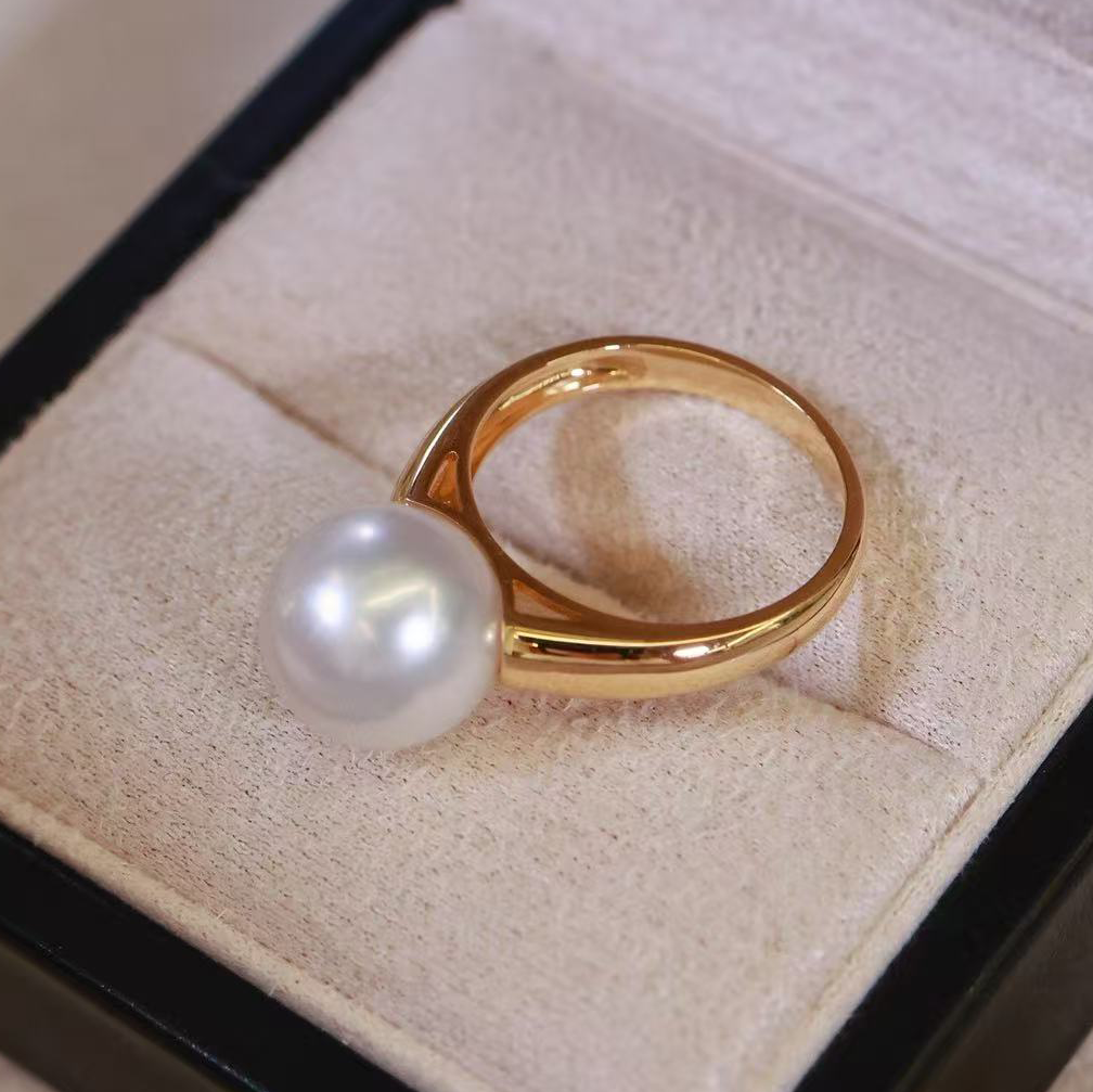 18k金光板10-13mm淡水珍珠戒指配件简约百搭款裸珠白金戒托空托