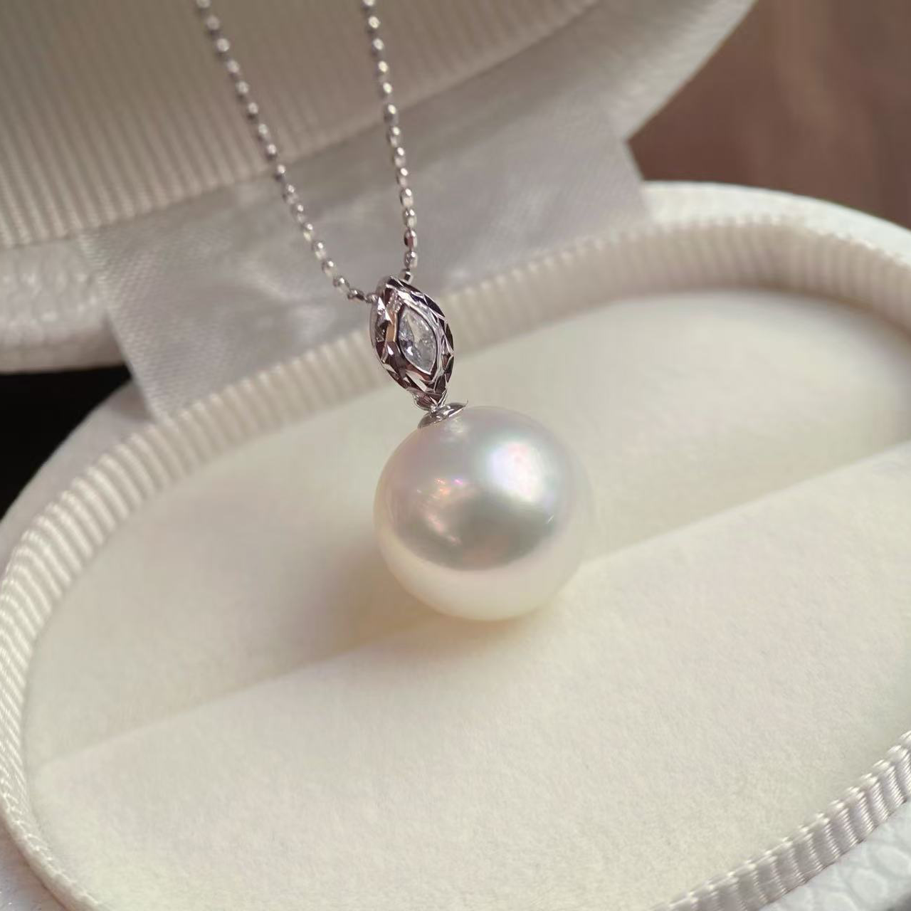 铂金PT900锆石10-13mm淡水珍珠吊坠配件马眼锆菱形款裸珠diy空托