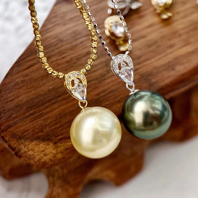 18k黄金色锆石10-13mm海水珍珠吊坠配件经典水滴圆形裸珠白金空托