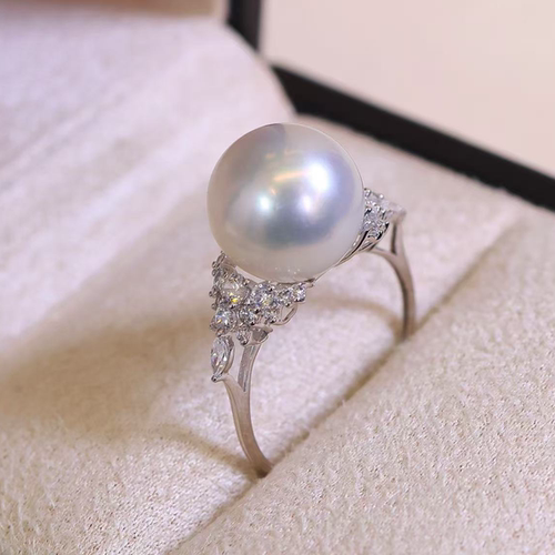铂金PT900锆石10-11mm海水珍珠戒指配件冰雪女王设计圆形裸珠戒托