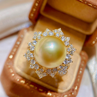 18k金锆石12-13mm海水珍珠戒指配件豪华版花型圆形裸珠白金戒托