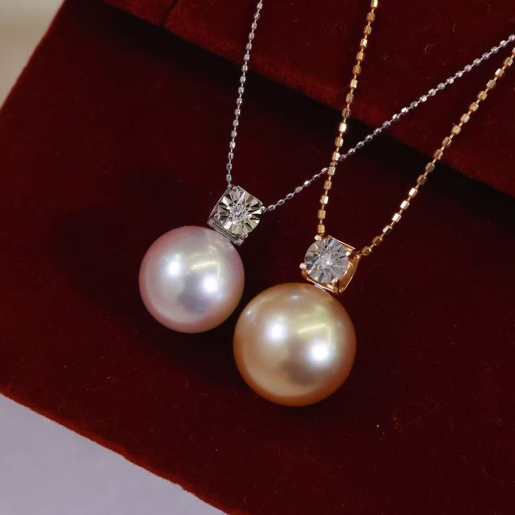 18k金钻石10-13mm海水珍珠吊坠配件经典车花牛头圆形裸珠diy空托