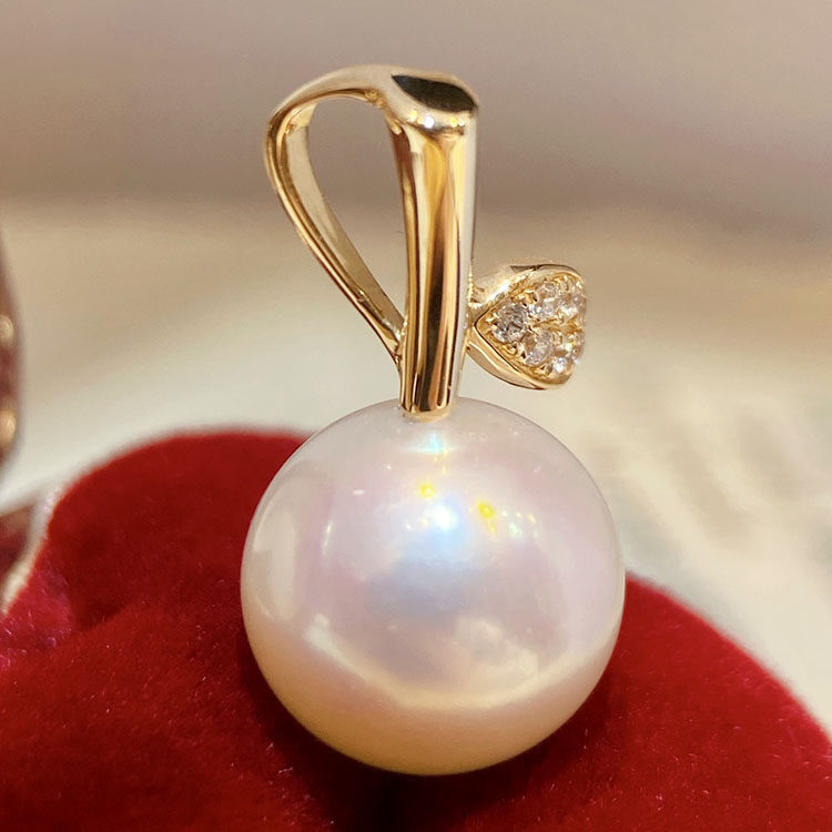 G18k黄金色锆石9-12mm淡水珍珠吊坠空托叶子幼芽款正圆裸珠配件托